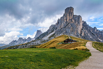 A mountain hut on the summit of the Giau Pass in the Dolomite Mountains in South Tyrol, Italy