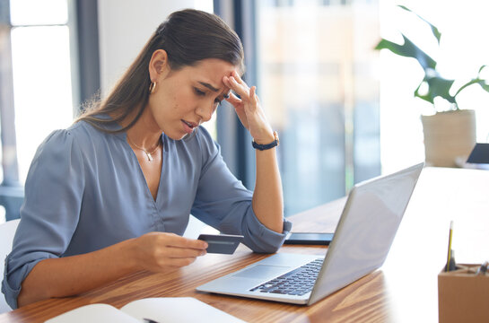 Credit card, stress or business woman with anxiety from banking fraud, financial problem or ecommerce scam. Password error, bankruptcy or sad worker frustrated with declined online payment or debt