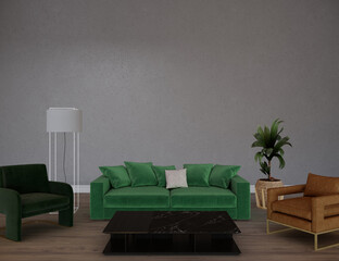 Living room interior with green sofa