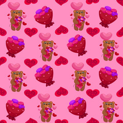 Vector romantic seamless pattern with hearts, flowers, cute bears and sweets on a pink background. Ideal for wrapping paper, decor, textiles.