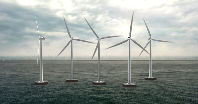 Wind turbine's propellers spinning. Green electric energy production. Technology and energy related 3D Illustration Render.