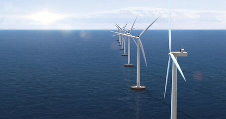 Wind turbines generating clean sustainable energy in the ocean. Technology and energy related 3D Illustration Render.
