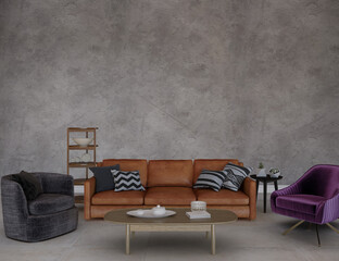 Design of room with leather sofa, 3d render