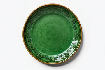 Top view empty blank ceramic antique round green plate isolated on white background with clipping path.