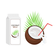 Coconut and coconut milk in a pack. Vector set on a white background.