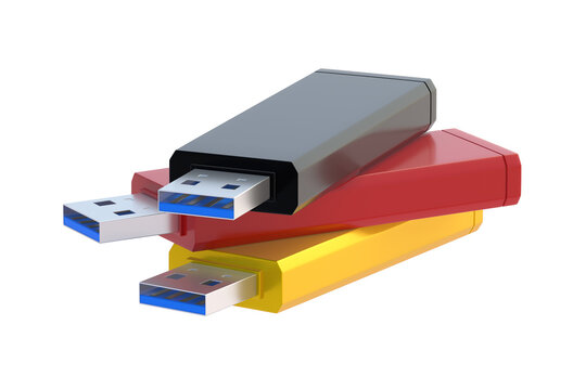 Stack of flash drives, usb memory sticks isolated on white background. 3d render