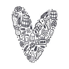 Vector, heart-shaped illustration with beer elements, hand-drawn in doodle style