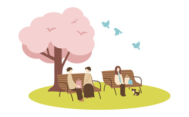 Obraz na płótnie Canvas 桜とベンチで休む人々