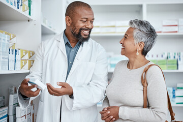 Medicine, shopping or pharmacist helping an old woman with healthcare advice on medical pills or drugs. Smile, customer or happy senior doctor talking or speaking to a sick elderly person in pharmacy