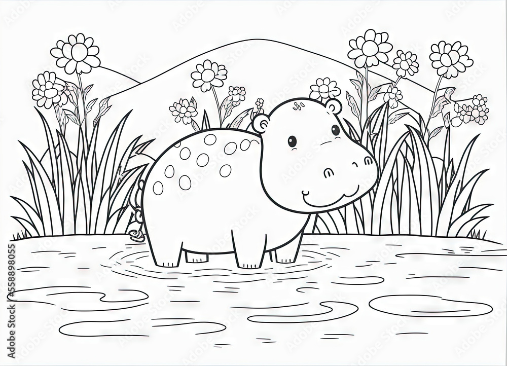 Poster a hippo standing in the water with flowers around it and a mountain in the background with flowers o