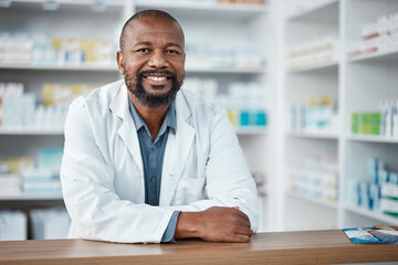 Medicine, healthcare and portrait of black man at pharmacy for trust, insurance and prescription. Wellness. medication and male pharmacist with pills, vitamins and tablets in hospital dispensary - obrazy, fototapety, plakaty