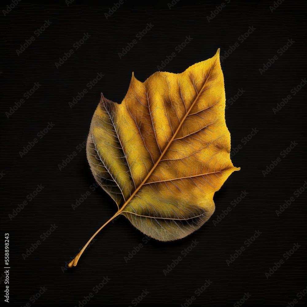 Poster a yellow leaf is laying on a black surface with a black background and a black background behind it 