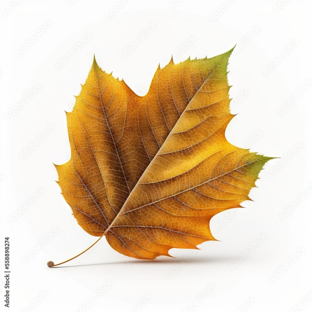 Aufkleber a yellow leaf with green leaves on it's side and a white background with a shadow of the leaf on the