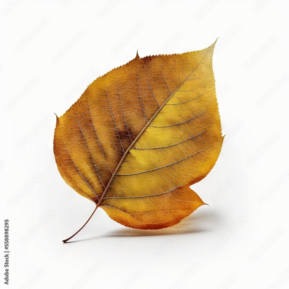 Poster a yellow leaf with a white background is shown in this image, it is a single leaf that is almost inv