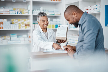 Medicine, shopping or pharmacist with customer writing personal or medical information in pharmacy. Consulting, pills or happy senior doctor helping or speaking to black man or sick African customer