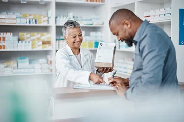 Papier Peint photo Pharmacie Medicine, shopping or pharmacist with customer writing personal or medical information in pharmacy. Consulting, pills or happy senior doctor helping or speaking to black man or sick African customer