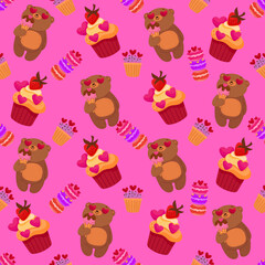 Vector romantic seamless pattern with hearts, cute bears, sweets and macaroons on a pink background. Ideal for wrapping paper, decor, textiles.