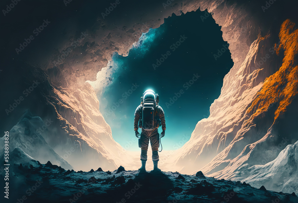 Sticker silhouette of a futuristic astronaut looking out into outer space. generative ai