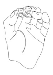 One white continuous line drawing hand with dice. Thin Line Illustration vector concept on black background. Contour Drawing Creative ideas.