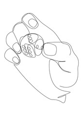 One white continuous line drawing hand with dice. Thin Line Illustration vector concept on black background. Contour Drawing Creative ideas.