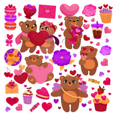 Big vector set of elements for Valentine's day. Hearts, Loving couple of bears, sweets, flowers, garlands, balls, gifts and other cute items.