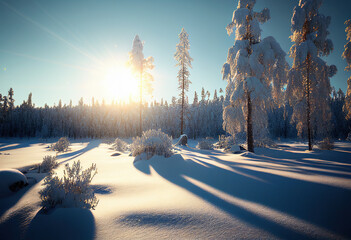 A sunny day during winter in Finland. Landscape with snowy forest, pristine nature. Snow that glitters by reflecting sunlight.