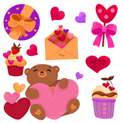 Vector set of elements for Valentine's day. Hearts, bear, sweets, flowers, garlands, balls, gifts and other cute items.