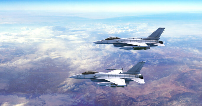 Military Fighter Jets Flying Together Over Clouds. Aerial View. War And Air Force Related 3D Illustration Render.
