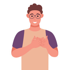 Curly young man in glasses expresses his positive feeling to people, keep hands on chest or heart. Vector illustration.