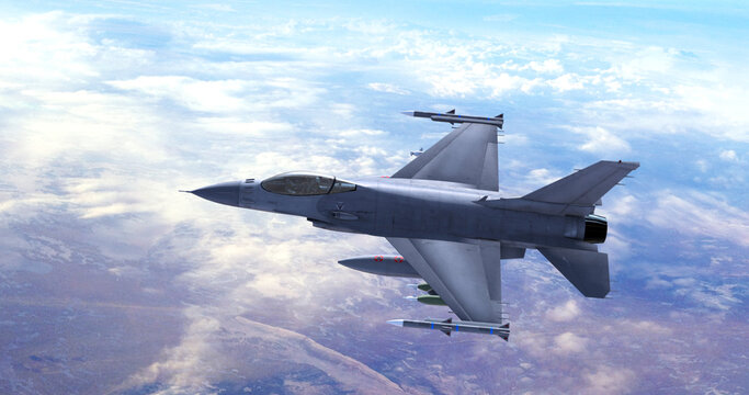 Fighter Jet Flying High Above The Clouds. Ready For Air Attack. War And Air Force Related 3D Illustration Render.