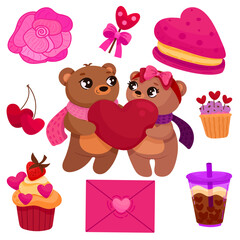 Vector set of elements for Valentine's day. Hearts, bears, sweets, flowers, garlands, balls, gifts and other cute items.