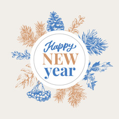 Happy New Year Abstract Botanical Card with Square Frame Banner and Modern Typography. Green and Pink Pastel Colors Greeting Layout. Isolated.