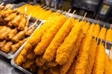 Crispy shrimp skewer in street food market