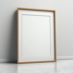 Blank picture or canvas frame mockup. White wall background. Empty copy space. Leaning or hanging on wall. Wooden frame.  (AI Generated)
