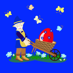 Vector - easter egg in a wheelbarrow and butterflies.