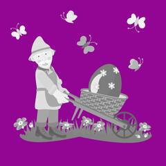 Vector - easter egg in a wheelbarrow and butterflies.