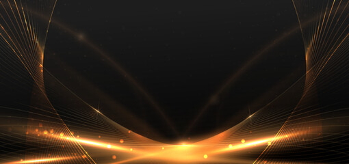 Abstract elegant wavy gold lines on black background with gold lighting effect sparkle. Template premium award design.