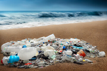 Fototapeta na wymiar plastic waste on the beach sand, generative ai illustration