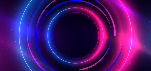 Abstract technology futuristic neon circle glowing blue and pink  light lines with speed motion blur effect on dark blue background.