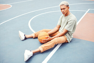 Black man, basketball court and portrait for fashion, sports or outdoor fitness in summer sunshine....