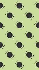 pattern. kitchen utensils on a pastel violet background. fork, spoon, plate. Template for surface application. Flat lay. Vertical image. 3D image. 3D rendering.