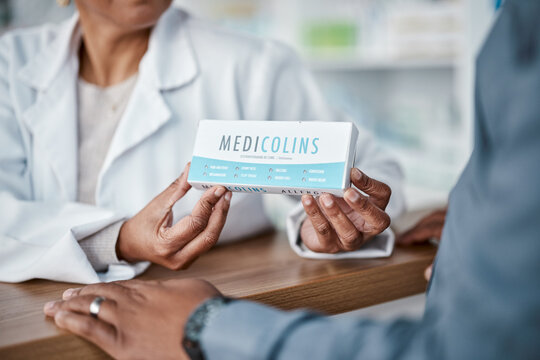 Hands, Consulting Or Pharmacist With Medicine For Customer With Healthcare Advice On Medical Pills Or Drugs. Zoom, Questions Or Doctor Talking Or Helping A Sick Elderly Person In Pharmacy Clinic