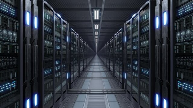 Network and data servers in the Big Data Center. 
Cloud computing data storage.
Walkthrough racks of network and information servers, 4K High-Quality loopable Animation.