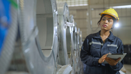 Engineer woman examining and measuring steel at lathe factory, worker or technician check and...