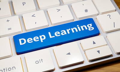 Deep learning. Computer key on the keyboard. Machine learning, artificial intelligence, neural networks, datasets, big data, science and technology. 3D illustration