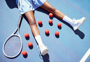 Tennis, tired and woman on a court for sports, fitness training and professional game for cardio....