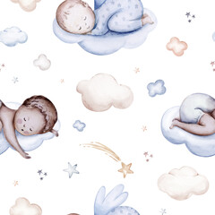 Watercolor newborn baby boy seamless pattern babies boy. Birthday blue background teepee new born baby and pregrand women
