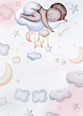 Watercolor newborn Baby Shower greeting card with babies boy. Birthday card with text space of new born baby and pregrand women invitation.