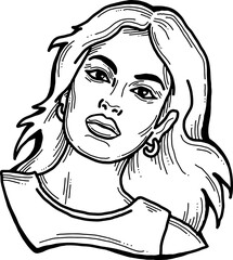 Beautiful young woman looking serious. Model girl for beauty salon, hairdressing, cosmetic shop. Girl with long dark hair and big eyes. Hand drawn illustration. Comic cartoon style vector drawing.