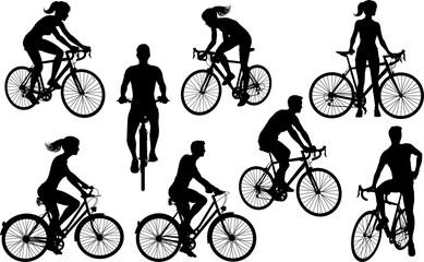 Obraz premium Bicycle Riding Bike Cyclists Silhouettes Set